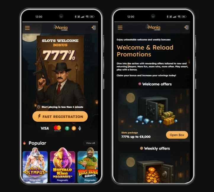 Mania Casino mobile app interface with casino games and promotions
